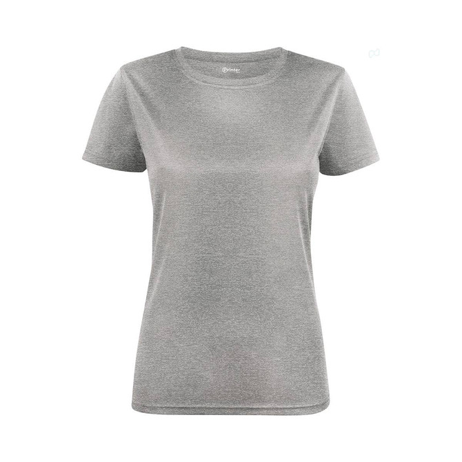 A women's active tee in grey, featuring short sleeves and a round neckline, with a logo on the front.