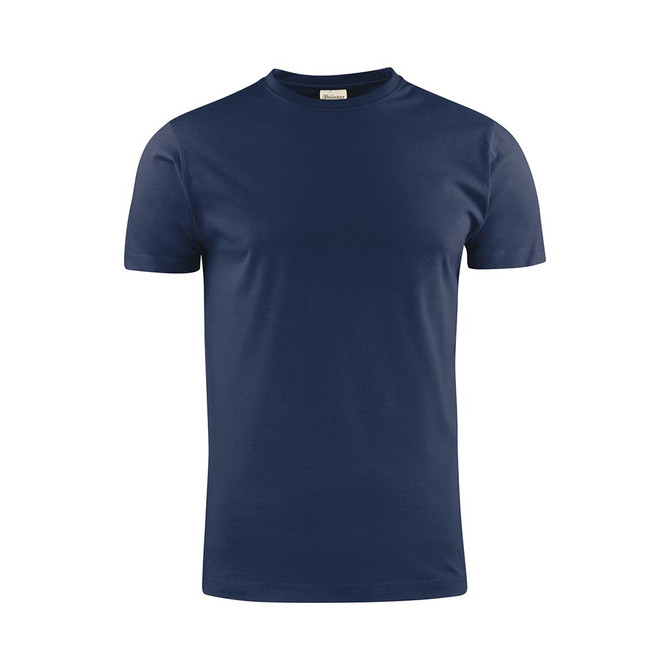 A navy blue men's t-shirt with a round neckline and short sleeves, featuring a logo.