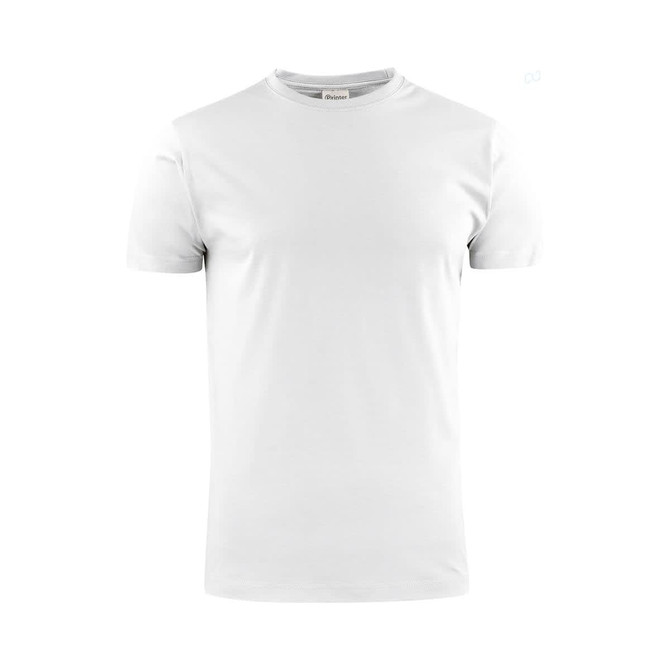 A plain white men's t-shirt with a round neck and short sleeves. It features a small logo on the collar.