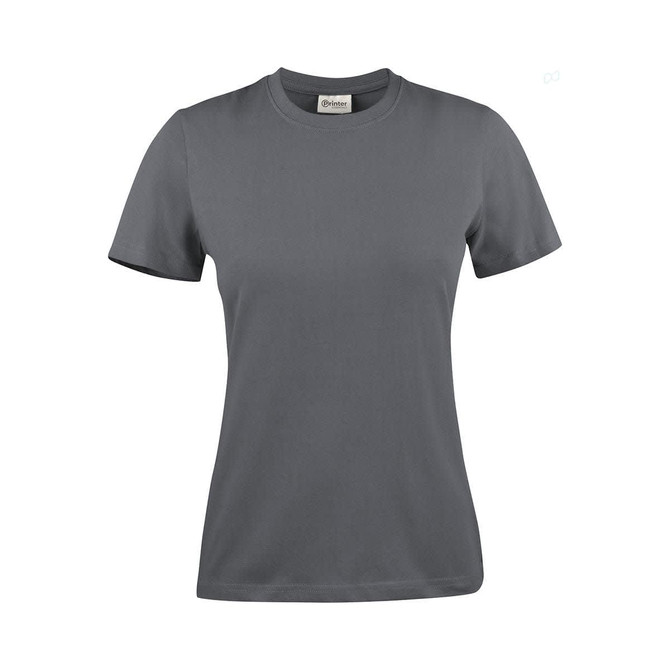 A grey women's t-shirt with short sleeves, featuring a brand logo on the label.