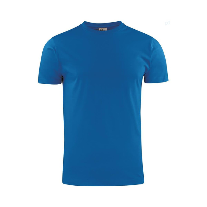 A blue t-shirt with a crew neck and short sleeves, featuring a brand logo.
