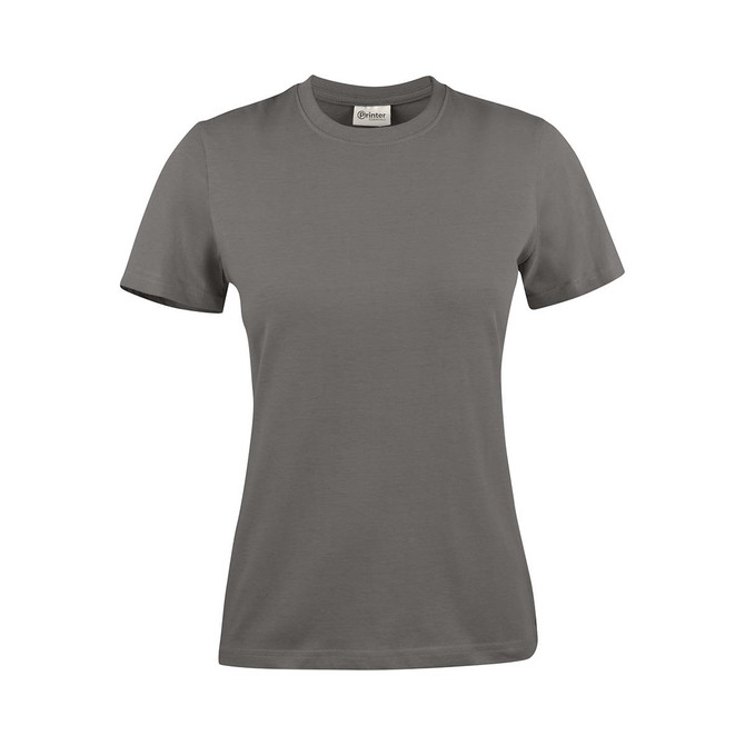 A grey women's T-shirt with short sleeves and a round neckline. It features a logo on the label.
