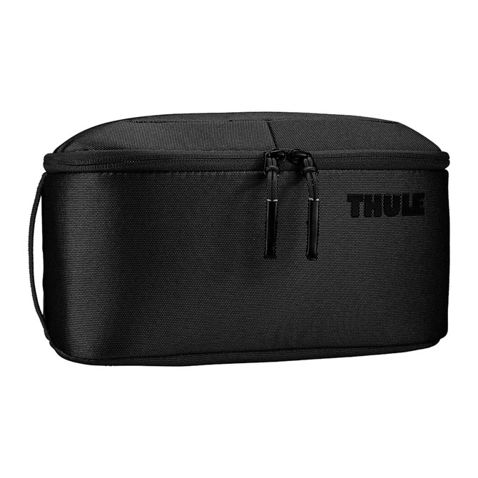 A black toiletry bag with a removable pouch, featuring a zippered opening and branded logo.