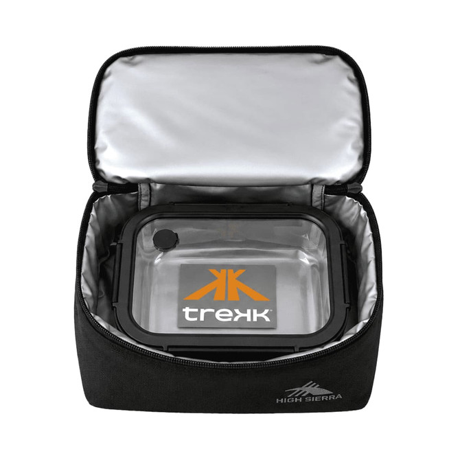 A black insulated lunch bag with a silver interior, featuring a transparent container inside and a logo.