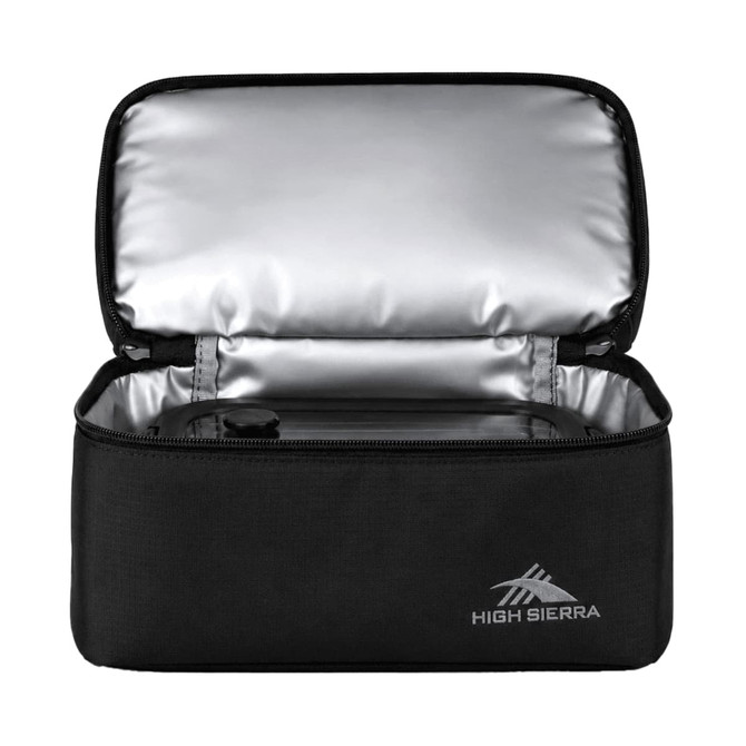 A black lunch bag with a silver insulated interior, featuring a logo on the front.