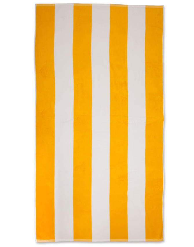 A striped beach towel featuring alternating yellow and white stripes, ideal for outdoor leisure.