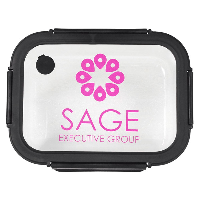 A glass lunch box with a black lid, featuring a pink logo and a clear container.