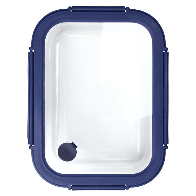 A glass lunch box with a navy blue lid and transparent container, featuring a small round vent.