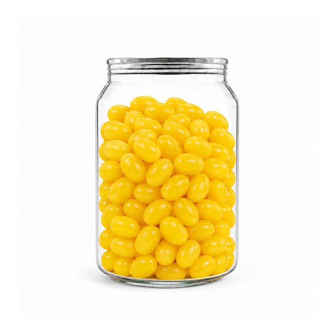 A clear can filled with bright yellow jelly beans, showcasing a vibrant and colourful treat.