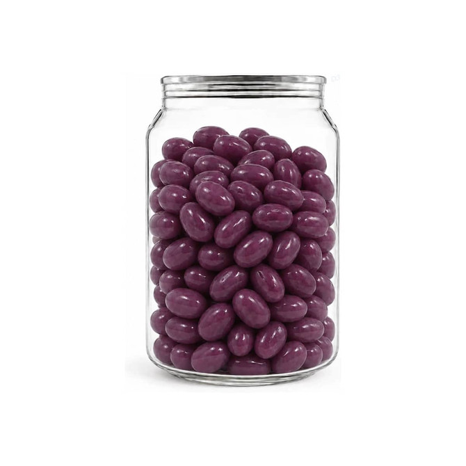 A clear canister filled with purple jelly beans, featuring a metallic lid and a smooth finish.