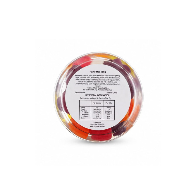 A clear can filled with colourful jelly party mix sweets, featuring various shapes and flavours. Contains a logo.