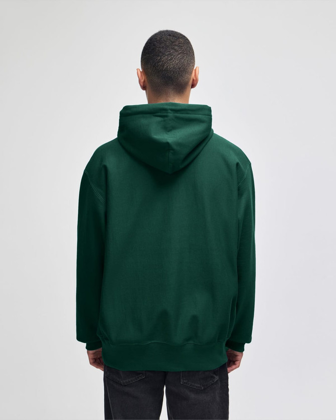 A back view of an olive green pullover hooded sweatshirt with a hood, featuring a logo.
