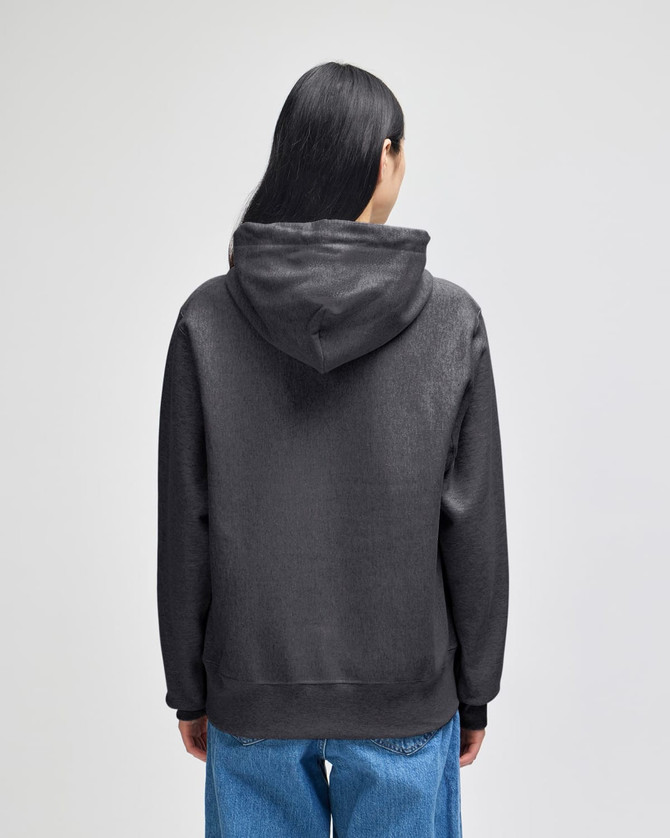 A grey hooded sweatshirt with a relaxed fit, featuring a hood and kangaroo pocket, seen from the back.