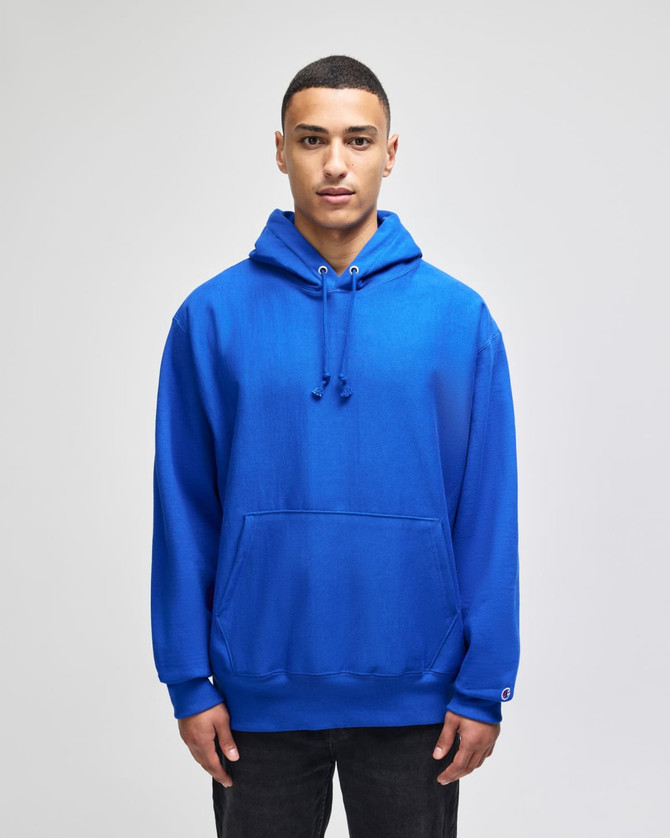 A blue pullover hooded sweatshirt with a front pocket and a logo detail.