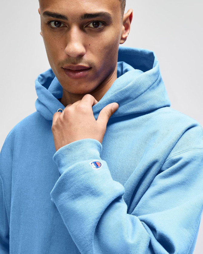 A pullover hooded sweatshirt in light blue, featuring a logo on the sleeve.