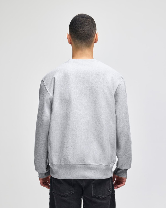 A grey sweatshirt with a crew neckline and a logo on the back, featuring long sleeves and a relaxed fit.