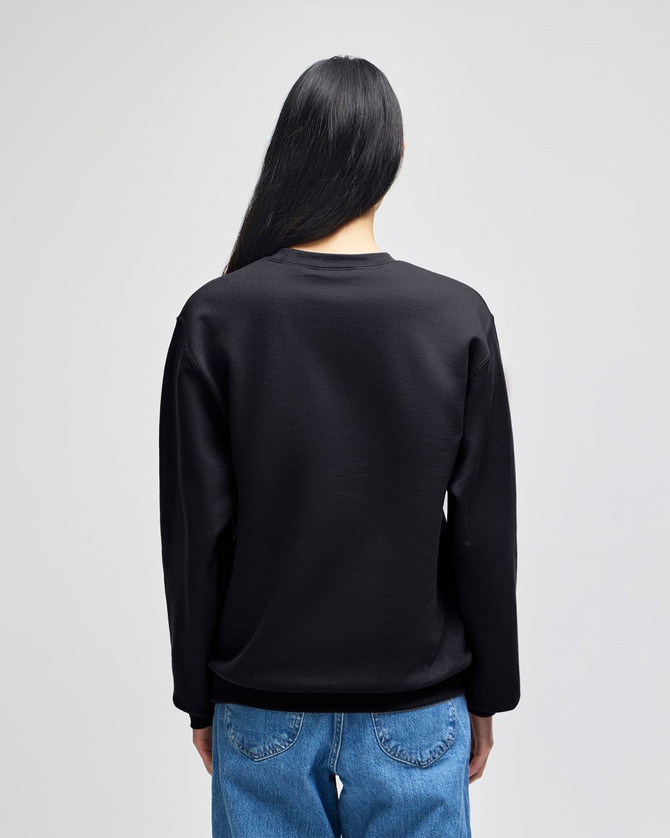 A black crewneck sweatshirt with long sleeves, featuring a simple design and a logo on the back.