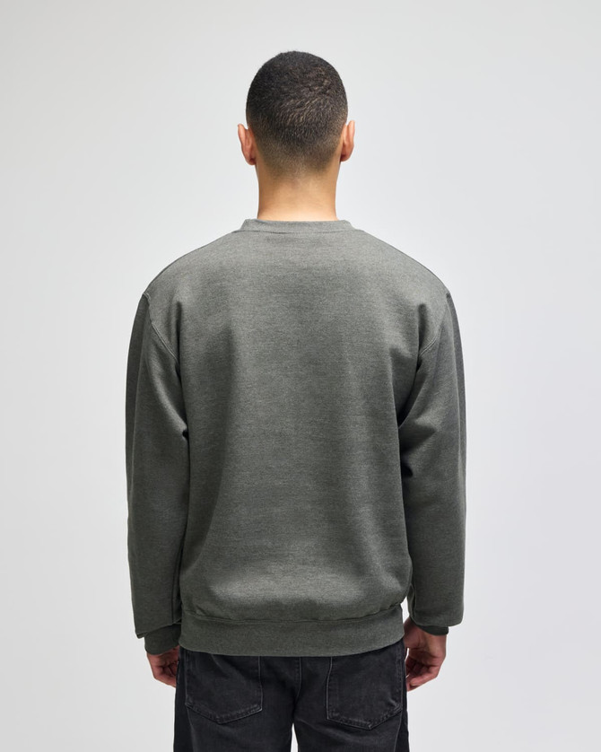 A grey adult crewneck sweatshirt is displayed from the back, featuring long sleeves and a simple design.
