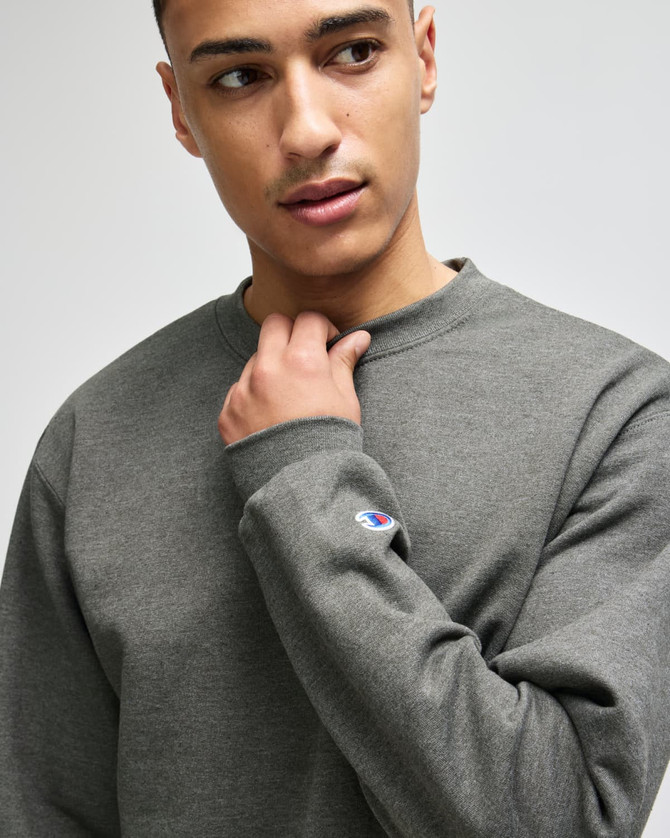 A grey crewneck sweatshirt is worn by a model, featuring a logo on the sleeve.