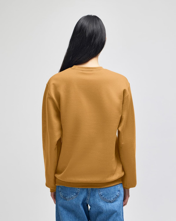 A mustard yellow crewneck sweatshirt featuring a relaxed fit and long sleeves, shown from the back.