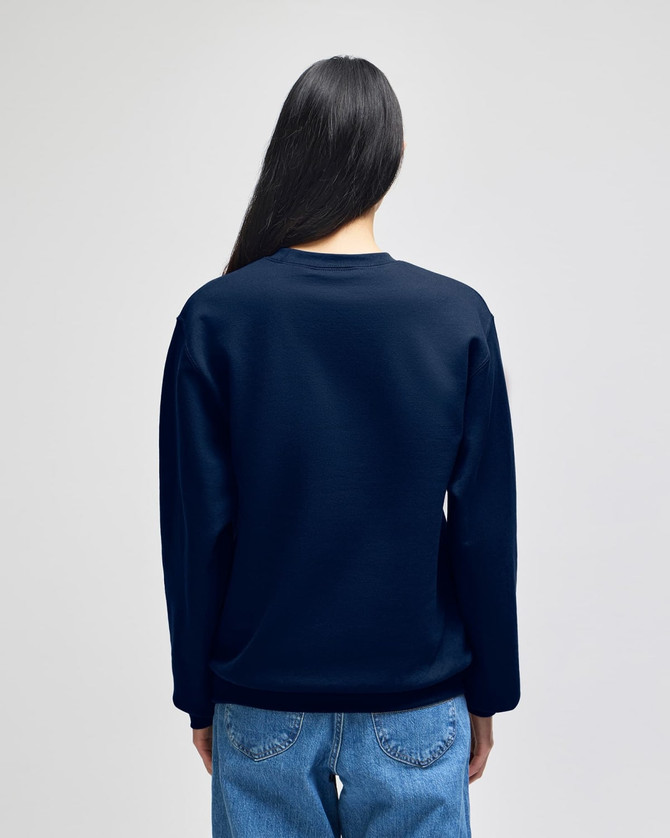 A navy blue adult crewneck sweatshirt with a relaxed fit, featuring a simple design and long sleeves.