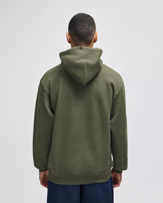 A hooded sweatshirt in olive green, featuring a logo and a relaxed fit, viewed from the back.