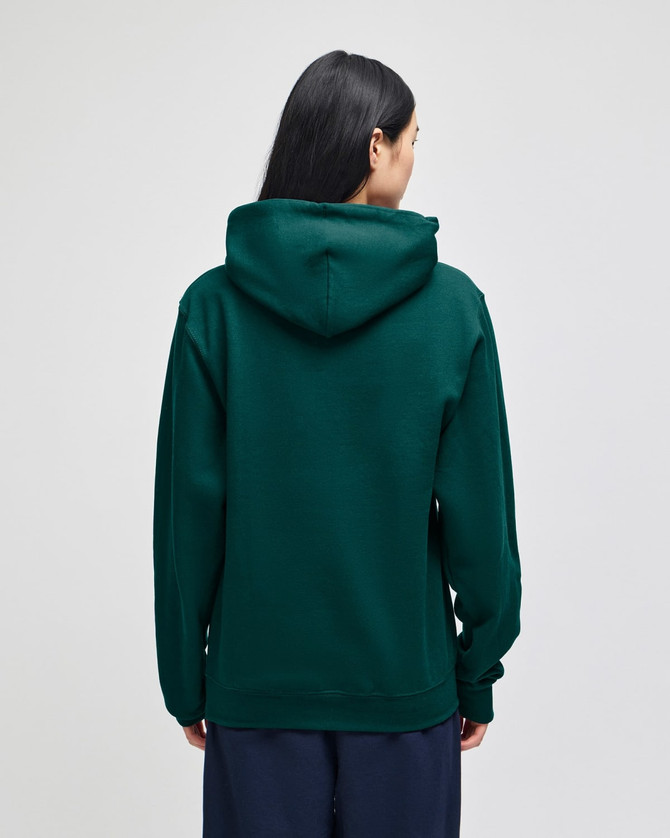 A green pullover hooded sweatshirt with a spacious hood, shown from the back. Features a logo on the garment.