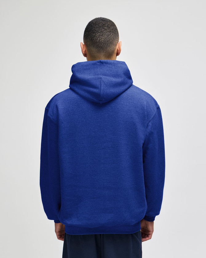 A blue pullover hooded sweatshirt with a hood, viewed from the back, featuring a logo on the fabric.