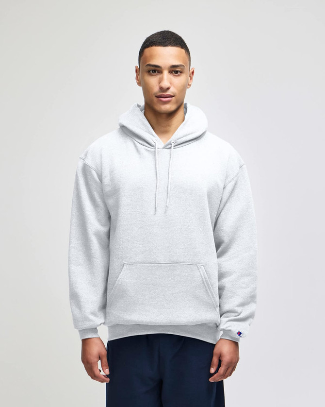 A grey pullover hooded sweatshirt with a front pocket and a logo. Suitable for casual wear.