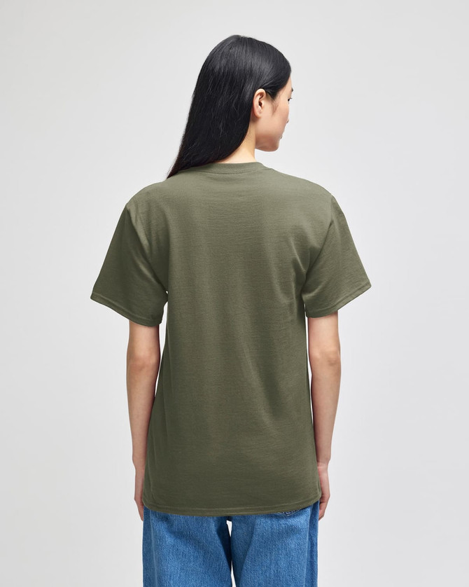 A short-sleeve t-shirt in olive green, featuring a plain back with a relaxed fit.