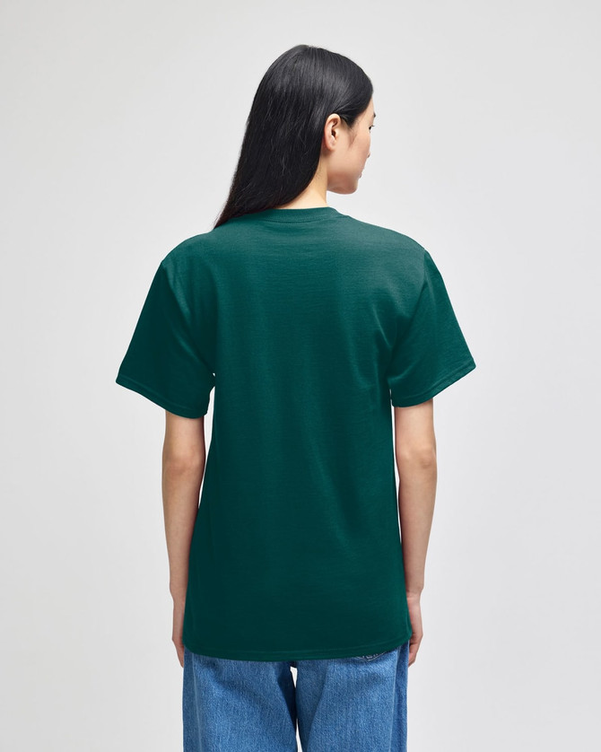 A dark green adult short-sleeve t-shirt with a relaxed fit, featuring a logo on the back.