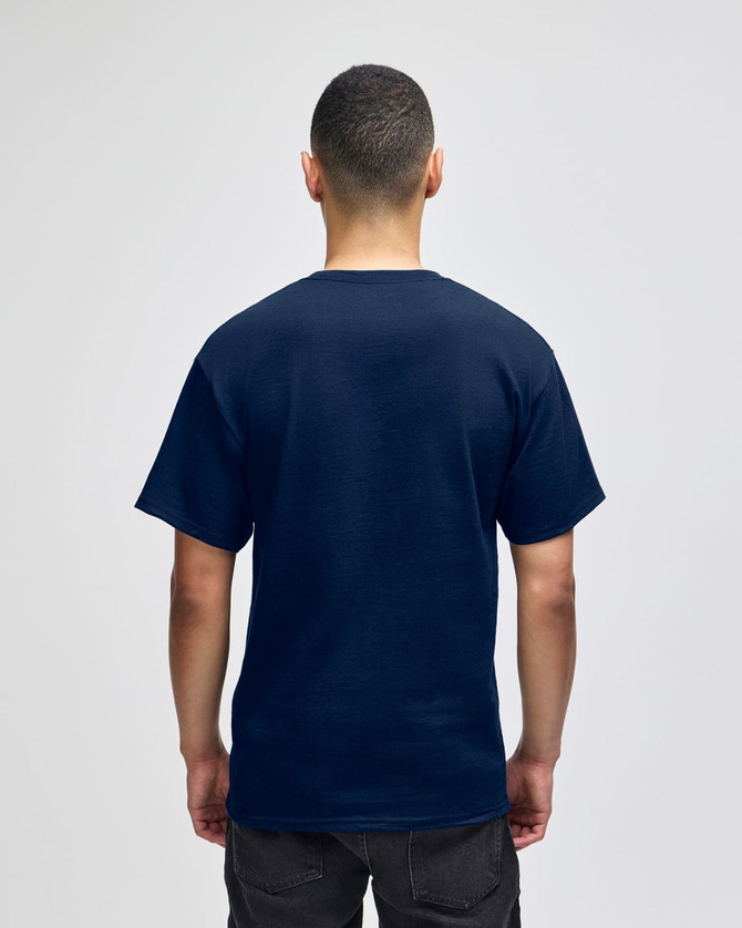 A navy blue Champion adult short-sleeve t-shirt viewed from the back. Features a logo on the upper back area.