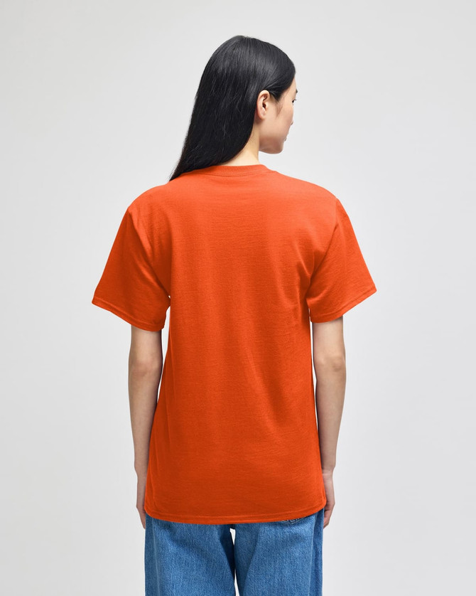 An orange short-sleeve t-shirt, displayed from the back, featuring a simple design and a loose fit.