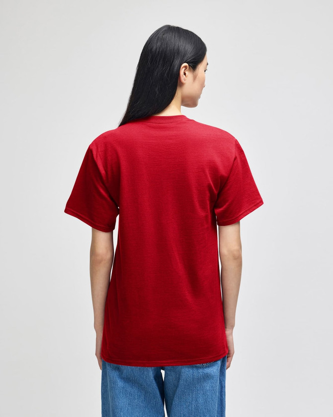 A red Champion adult short-sleeve t-shirt from the back, featuring a simple design and a straight cut.