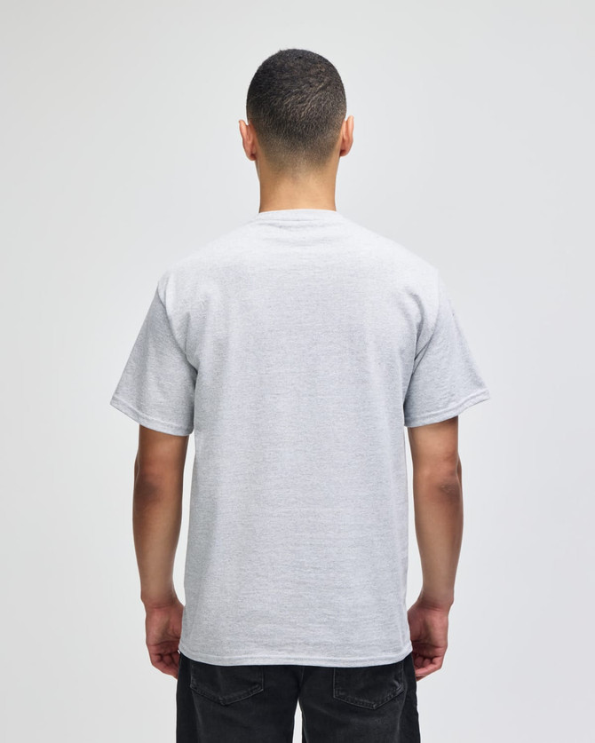 A grey short-sleeve t-shirt viewed from the back, featuring a simple design and a brand logo.