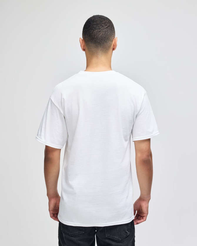 A man wearing a plain white short-sleeve t-shirt, viewed from the back, with a logo on the shirt.