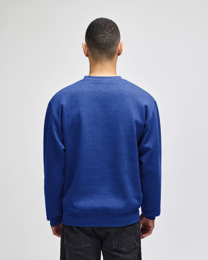 A blue adult short-sleeve T-shirt viewed from the back, featuring a logo on the upper side.