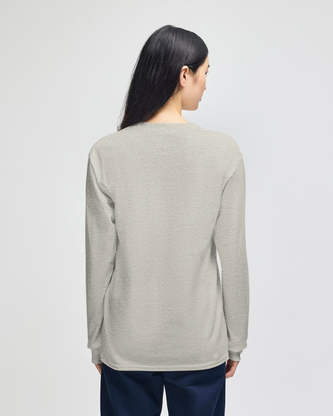 A long-sleeve t-shirt in a light grey colour, featuring a logo, viewed from the back.