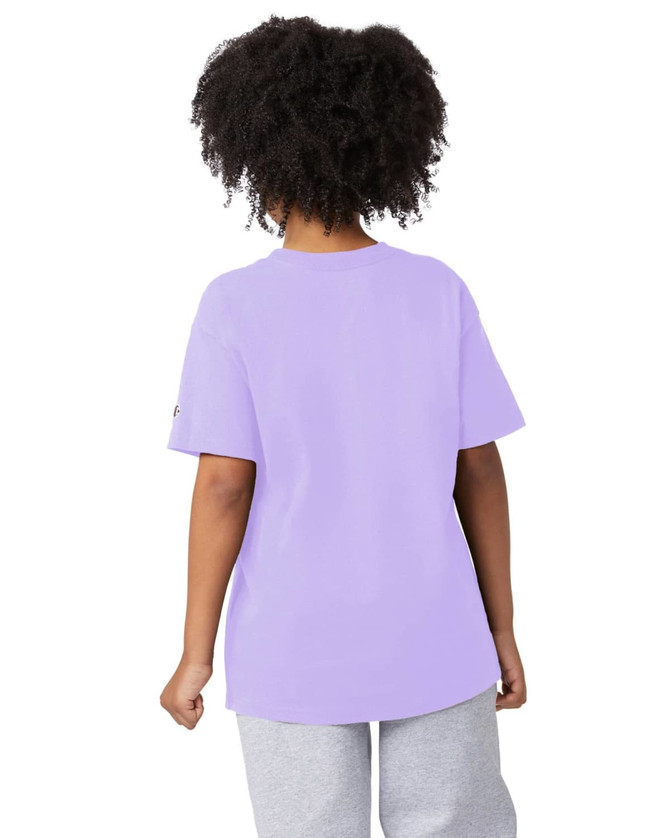 A lavender short sleeve jersey t-shirt with a relaxed fit, featuring a logo on one sleeve.