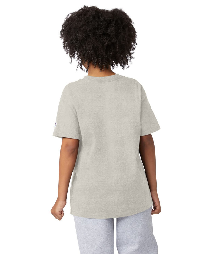 A short sleeve t-shirt in a light grey colour, featuring a logo on one sleeve.