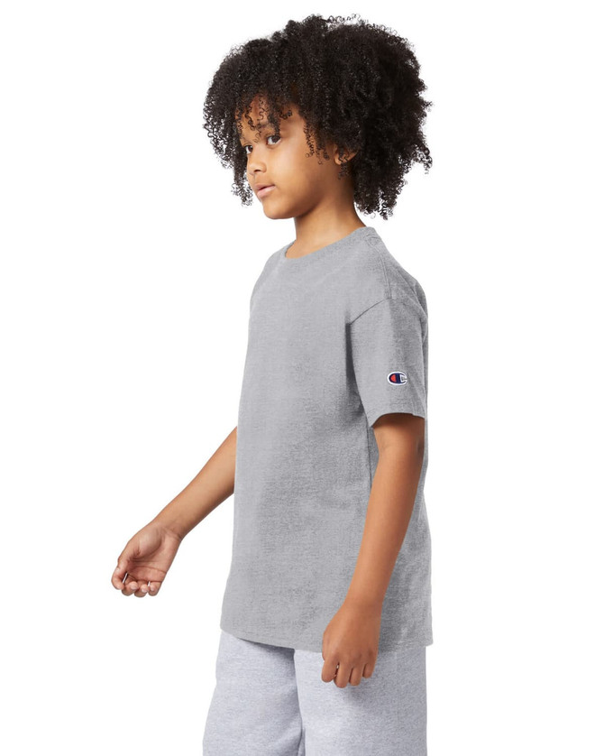 A youth short sleeve t-shirt in grey with a logo on the sleeve, featuring a casual and relaxed fit.