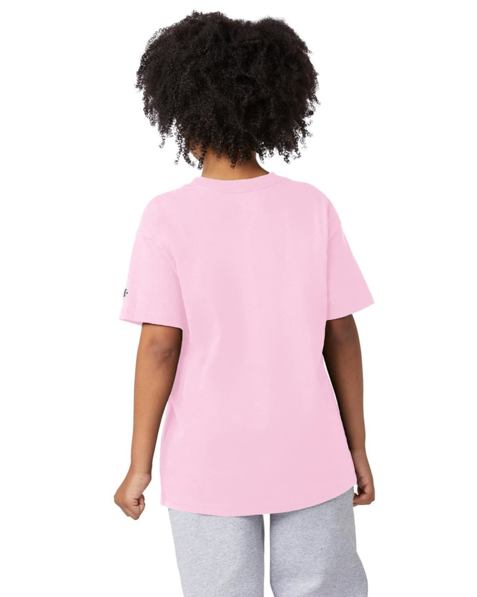 A light pink short sleeve t-shirt featuring a logo, styled on a model from the back.