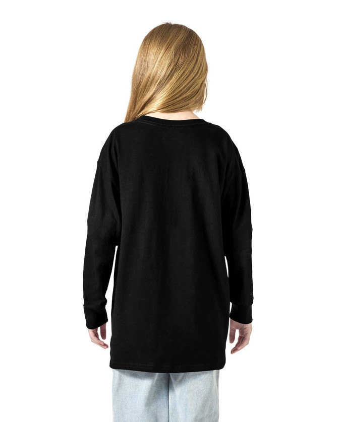 A black long sleeve youth T-shirt is displayed on a person from the back, featuring a relaxed fit.