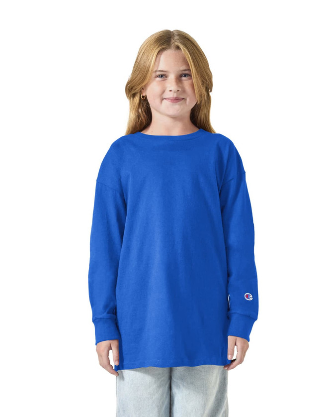 A blue long sleeve t-shirt for youth featuring a logo on the sleeve.