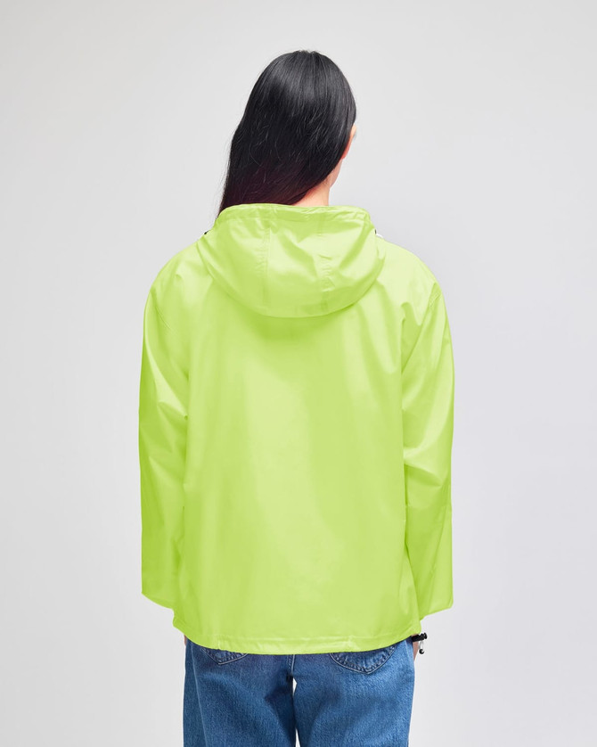A packable anorak jacket in bright yellow, featuring a hood and a logo, viewed from the back.