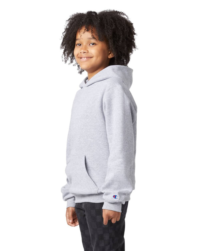 A grey youth pullover hooded sweatshirt with a front pocket and logo branding, showcased on a child.