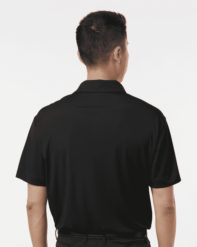 A black men's polo shirt with a collar, featuring a logo, viewed from the back.