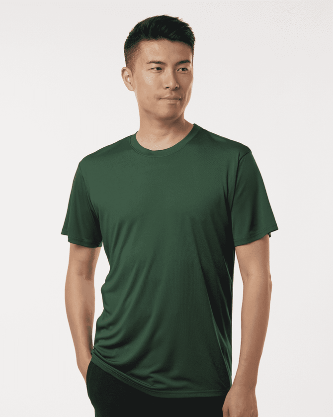 A men's performance t-shirt in dark green, featuring a fitted design and a logo on the chest.