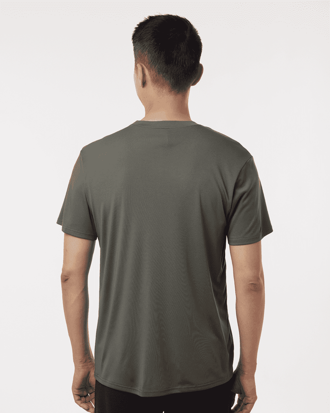 A men's performance T-shirt in a dark green colour, featuring a logo, viewed from the back.