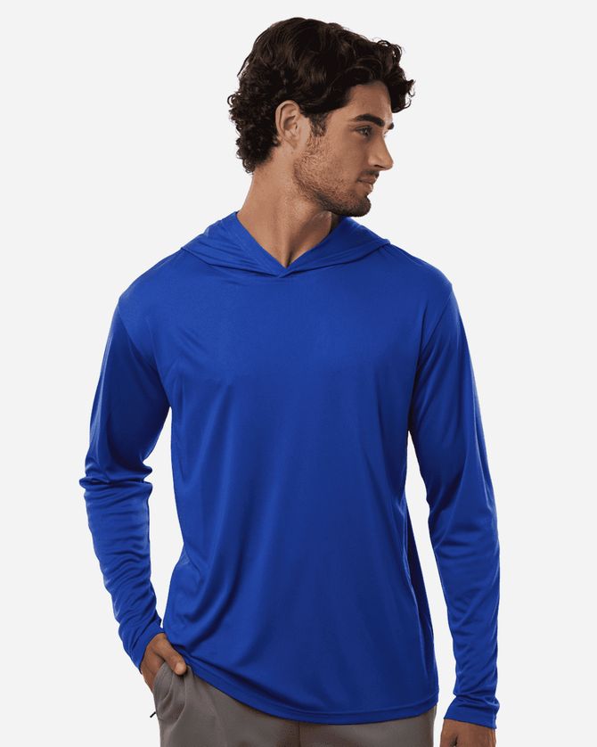 A blue hooded t-shirt with long sleeves, featuring a logo on the front.